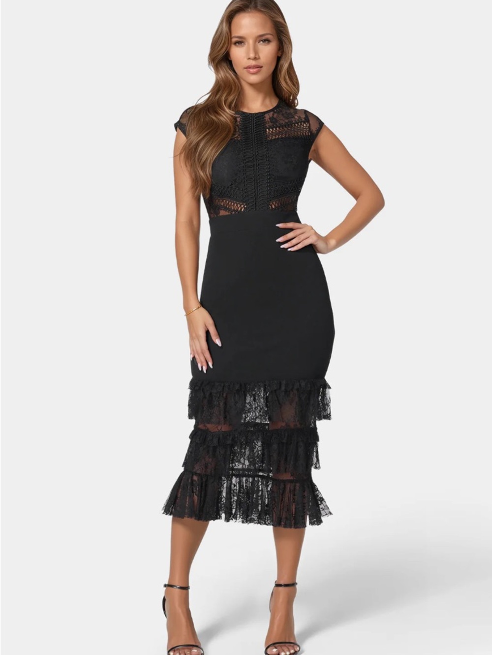 bebe Black Lace Tiered Midi Dress